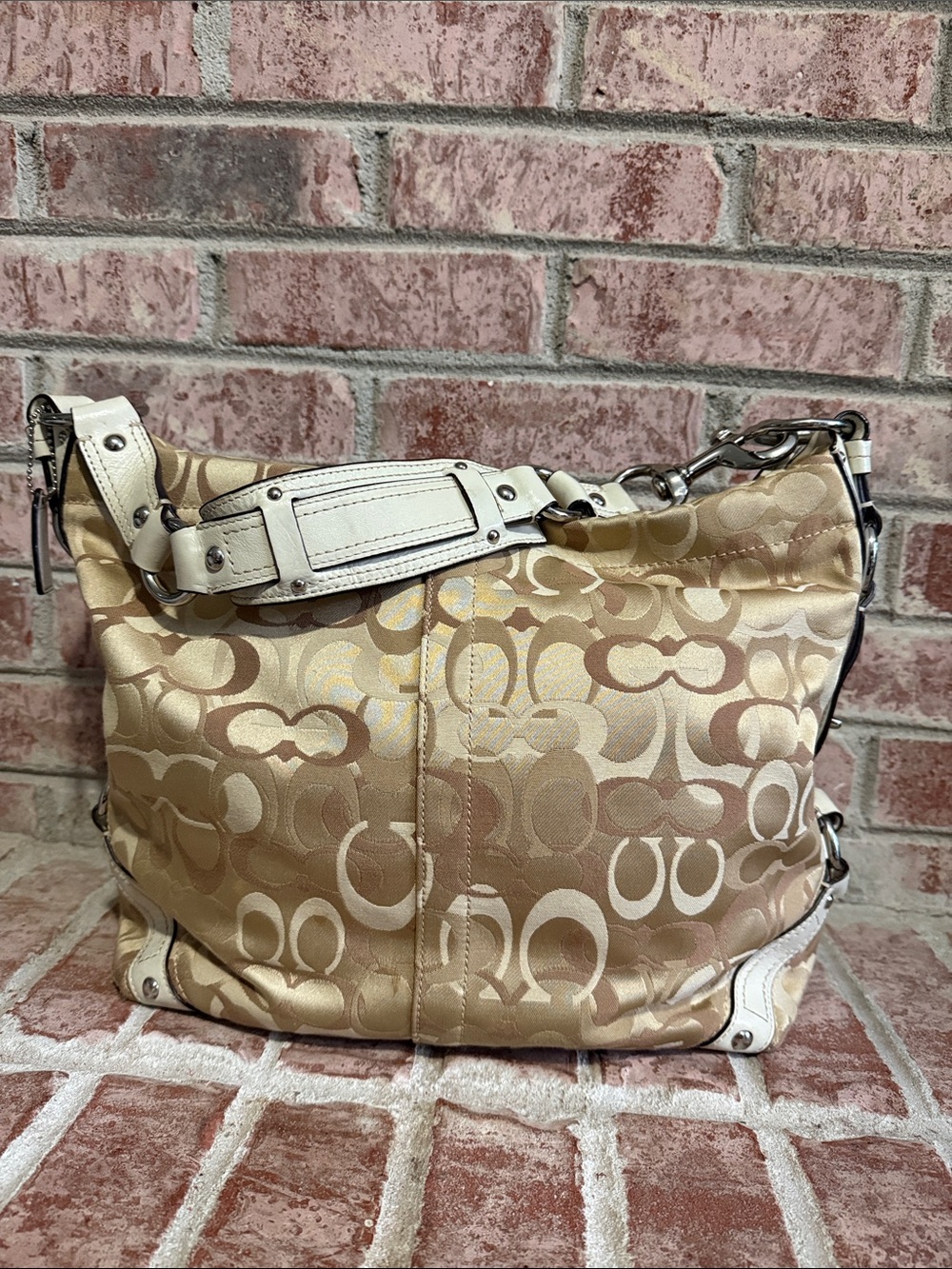 Coach Beige Carly Signature Jacquard Shoulder Bag with White Trim 13981